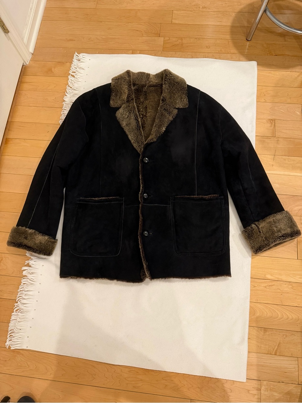 Men's Black Shearling-Trim Suede Pea Coat